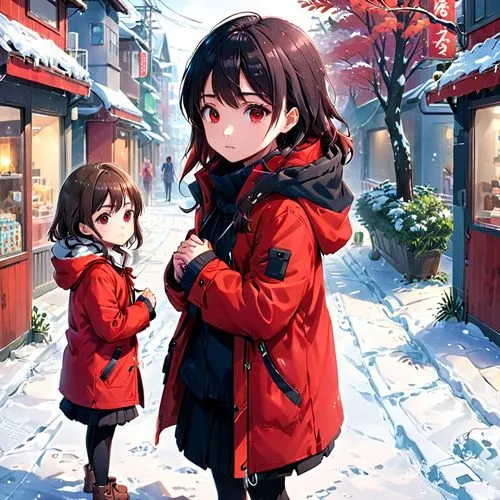 kumiko,ayano,winter background,in the snow,winter clothes,snow scene,Anime,Anime,Realistic