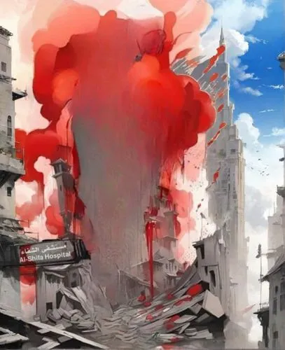 destroyed city,sidonia,zao,explosion destroy,post-apocalyptic landscape,destruction,explosion,lost in war,watercolor paint strokes,apocalyptic,panoramical,explosions,world digital painting,gunkanjima,