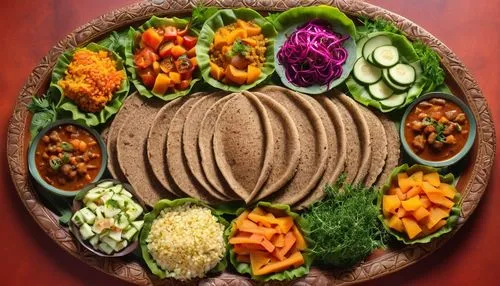 various colorful plates are arranged in the shape of the form of a tree,salad plate,purbasthali,injera,salad platter,samantabhadra,platter,Photography,General,Realistic