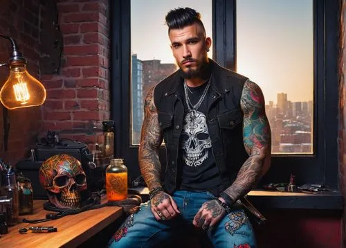 Male, muscular, tattoo artist, 30yo, sleeveless shirt, ripped jeans, leather boots, full-body tattoos, colorful designs, dragons, skulls, snakes, roses, tribal patterns, bold lines, vibrant colors, sh