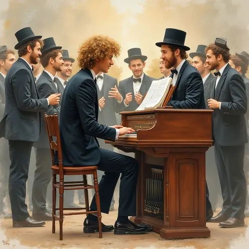 Make me an organist who plays two organs below Yama company model Tyros 5 and above Yama company model 300 a young Hassidic, short hair with curly wigs down to the shoulders, blond hair, thin, a littl