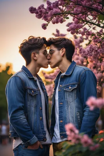 gay love,kiss flowers,kissing,gay couple,cheek kissing,twin flowers,floral heart,making out,hydrangeas,gay men,glbt,romantic portrait,denim background,denim jacket,pda,kiss,couple in love,floral background,springtime background,boy kisses girl,Illustration,Children,Children 03