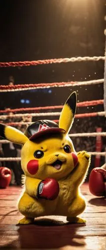 Pikachu, yellow fur, red boxing gloves, determined facial expression, sweat droplets, dynamic punching pose, worn-out boxing ring, ropes, crowd cheering in the background, spotlight shining down, dram