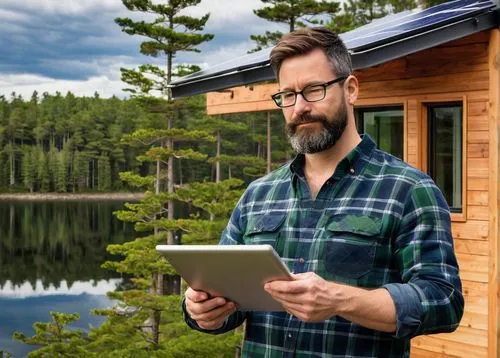 Efficient architectural designer and builder, Maine, mature man, 35yo, glasses, short brown hair, beard, plaid shirt, dark blue jeans, Timberland boots, holding a tablet, standing, in front of a moder