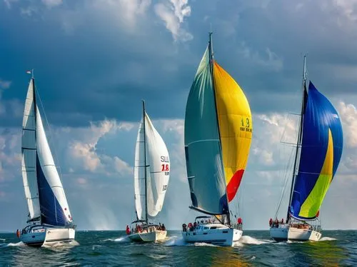 Gulf of Finland, sailboats regatta,  yachts heeled from strong winds, Beautiful colored spinnaker sails, speed, excitement, waves, splashes, strong windwaves, spray, wind,  ray of sunshine Against the