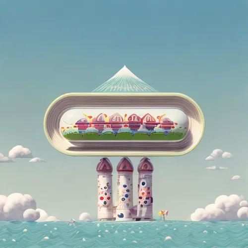 capsule-diet pill,airships,beachhouse,mushroom island,seaside resort,temples,airship,cd cover,floating huts,beach huts,floating island,artificial island,futuristic landscape,delight island,zeppelins,mushroom landscape,ocean liner,sky space concept,capsule,floating islands,Calligraphy,Illustration,Cartoon Illustration