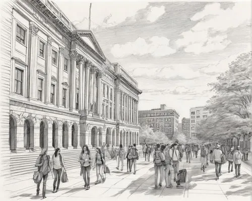 renderings,riksdag,peabody institute,rcsi,cornhill,pedestrianisation,whitehall,statehouses,trinity college,nypl,july 1888,schermerhorn,boylston,cheapside,hand-drawn illustration,capitol buildings,seanad,threadneedle,statehouse,walkability,Illustration,Black and White,Black and White 30