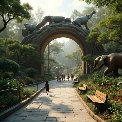 Bronze zoo entrance, grand archway, intricate bronze animal sculptures, lush greenery, tropical plants, vibrant flowers, winding stone path, visitors strolling, warm sunny day, soft natural light, sha