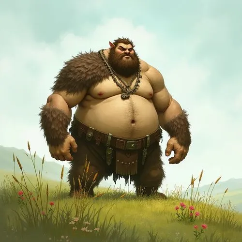 An illustration of a fat d&d hill giant standing in a field of grass.,a cartoon image of a big man with beard,beorn,dwarf sundheim,volstagg,yopaat,trundle,dwarven