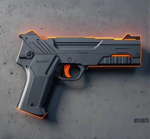 一把科技未来感的枪,an automatic gun on the ground with orange light,air pistol,sidearm,bullpup,modulus,kahr,derringer,Photography,General,Realistic