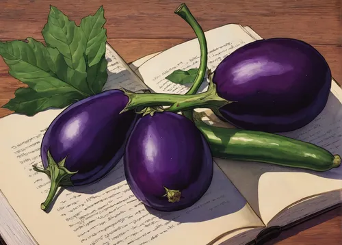 eggplants,eggplant,brinjal,egg plant,solanaceae,sliced eggplant,solanum,serrano peppers,capsicum annuum,nightshade plant,solanum melongena,capsicums,fried aubergine,green bell peppers,deadly nightshade,purple,jalapenos,solanum lycocarpum,poblano,bell peppers,Illustration,Japanese style,Japanese Style 14