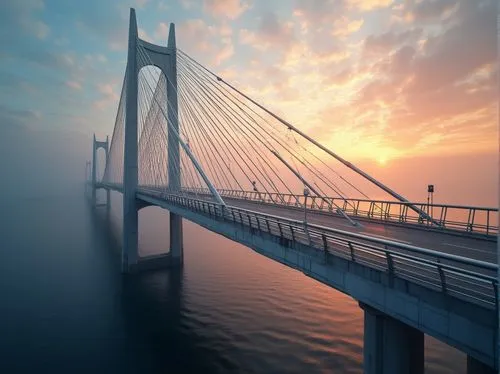 Futuristic suspension bridges, sleek metallic beams, cable-stayed systems, angular steel frameworks, modern high-tech architecture, gleaming silver surfaces, LED lighting installations, dynamic motion