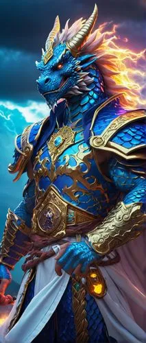 Dragonborn Tempest Cleric, half-dragon humanoid, blue dragon scales, white clerical robes with golden trim, holy symbol on chest, muscular build, fierce battle-ready stance, stormy weather background,