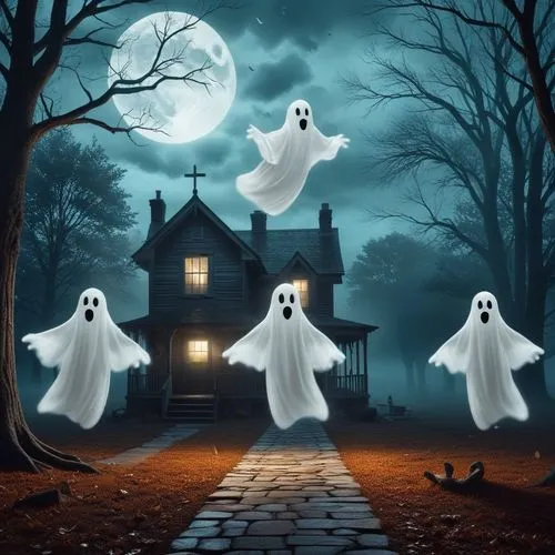 Add flying ghosts like casper,three ghost flying past a house on a dark night,halloween ghosts,halloween background,halloween wallpaper,the haunted house,ghost background,haunted house