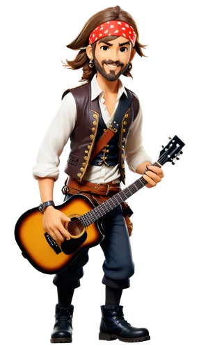 Pirate, royalty-free, music composer, male, muscular, bandana, short beard, earrings, white shirt, brown vest, black boots, guitar, microphone, standing, energetic pose, dynamic lighting, warm color t