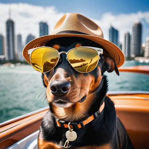 black and brown teckel, with sunglasses and panama hat, on board a speedboat in the middle of the sea. In the background, the image of a city and on the horizon the sun in shades of orange and yellow.