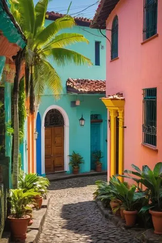 Colonia Escalón neighborhood, El Salvador, colorful colonial architecture, bright pastel walls, ornate wooden doors, intricately carved balconies, clay roof tiles, lush greenery surrounding buildings,