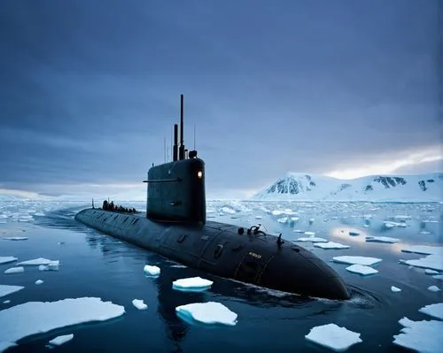 Photo-realism,  a British navy submarine surfaces in the Arctic, snow and ice, dark skies, atmospheric, dramatic image, cinematic, realistic, submarine, movie scene.,ssbn,hnoms,akula,antisubmarine,sub