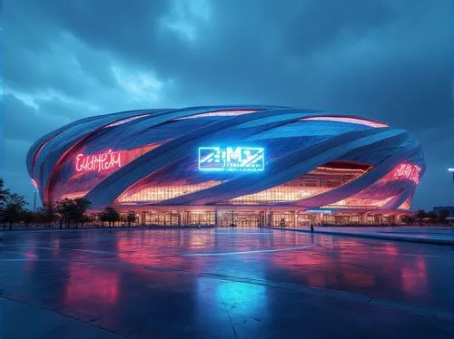 \Sleek international stadium facade, dynamic curves, futuristic lines, gleaming glass surfaces, metallic accents, modernist architecture, cantilevered roofs, grand entrance gates, LED scoreboard displ