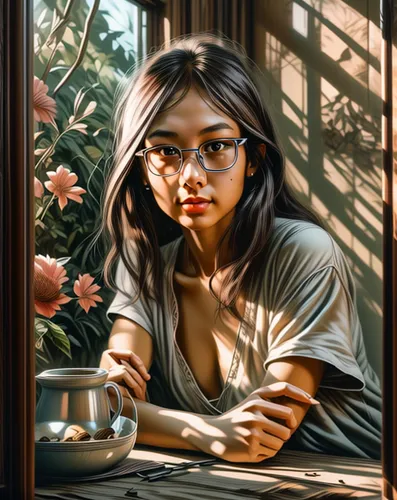 woman at cafe,girl with cereal bowl,woman drinking coffee,girl studying,girl portrait,world digital painting,digital painting,asian woman,vietnamese woman,romantic portrait,girl in the kitchen,girl drawing,mystical portrait of a girl,girl at the computer,portrait background,girl sitting,fantasy portrait,girl with bread-and-butter,photo painting,portrait of a girl
