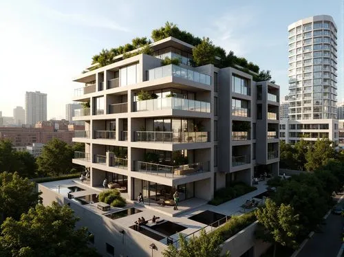 Modern residential building, sleek glass facade, minimalist architecture, clean lines, rectangular shapes, cantilevered balconies, floor-to-ceiling windows, sliding glass doors, aluminum frames, anodi