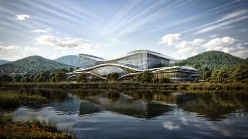 A modern Chinese building, inspired by the Su style, 75 meters long and 25 meters high, with a lake 20 meters in front of the building in the mountains. Consider the relationship between the building 