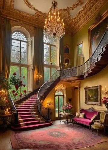 ornate room,royal interior,victorian room,entrance hall,chateauesque,holburne,foyer,staircase,sitting room,outside staircase,rococo,opulently,great room,palatial,driehaus,dandelion hall,ritzau,kylemore abbey,interior decor,cliveden,Conceptual Art,Oil color,Oil Color 22