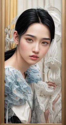 黑发,chinese art,portrait background,gothic portrait,oriental painting,peony frame,custom portrait,the mirror,hanbok,mirror frame,fantasy portrait,geisha,rose frame,looking glass,mystical portrait of a 