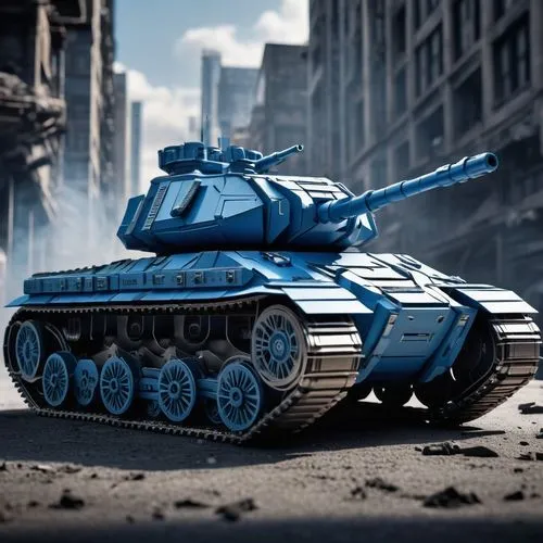 Futuristic tank, sci-fi design, metallic armor plating, intricate mechanical details, glowing blue accents, sharp angular lines, massive wheels, heavy cannons, urban warfare setting, cityscape backgro