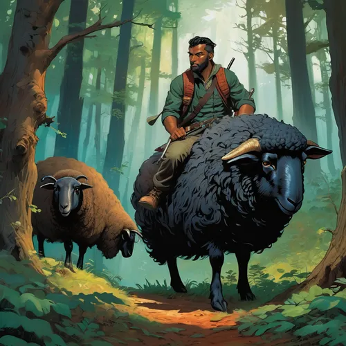 east-european shepherd,shepherd,game illustration,buffalo herder,black shepherd,farmer in the woods,the black sheep,black-brown mountain sheep,wild sheep,hunting scene,north american wild sheep,nomad,nomads,bison,shepherd romance,digital nomads,male sheep,the good shepherd,forest workers,shepherd dog,Conceptual Art,Oil color,Oil Color 04