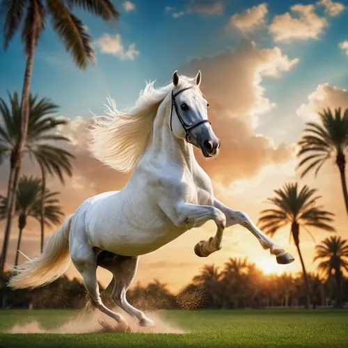 A purebred white Arabian horse, leaping on two feet, neighing in a park full of palm trees at sunset, blue sky and scattered clouds, very realistic image, intricate details, blue, green and red neon e