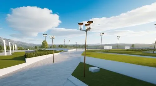 put sky, change the small white cubes for trees, make the park as realistic as possible,the park has a lot of lights and trees,virtual landscape,skyboxes,superpipe,skatepark,3d rendering,ski facility,