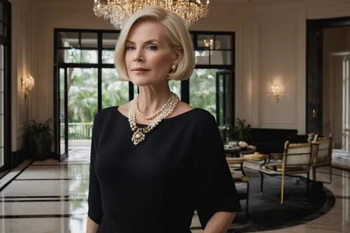 Elizabeth Baird inspired modern villa, luxurious interior design, mature lady (40yo) with short blonde hair, minimal makeup, elegant black dress, pearl necklace, standing confidently, hands behind bac