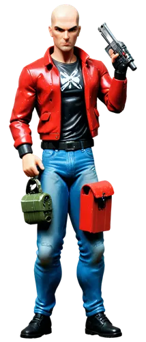 Bald adult wearing Red Jacket with blood splatter on it, Ripped blue jeans,  holding a weapon, Plastic  action figure texture, Display toy box, high quality, grunge, red and white color, 8K, G.I Joe, 