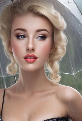 realdoll,parasol,doll's facial features,artificial hair integrations,umbrella,brolly,rosa ' amber cover,blonde woman,rainstorm,summer umbrella,raincloud,image manipulation,stormy,dew drop,overhead umbrella,rainy,silver rain,umbrellas,female doll,dewdrop,Photography,Commercial