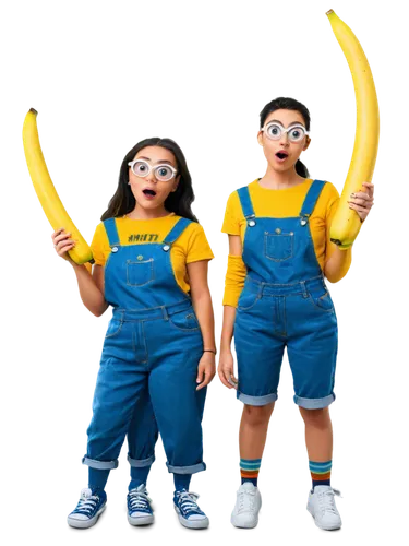 Minions, group, three, funny faces, big eyes, yellow skin, goggles, denim overalls, sneakers, standing, holding bananas, bright colors, soft lighting, shallow depth of field, warm tone, panoramic view