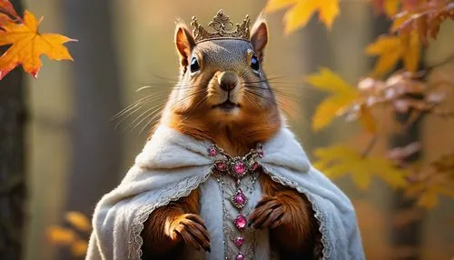 Squirrel Queen, regal pose, golden crown, fluffy white tail, brown fur, bright inquisitive eyes, pink nose, delicate eyebrows, gentle smile, lace gloves, velvet cloak, intricate embroidery, royal scep