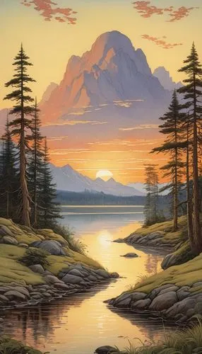 ranier,mountain sunrise,mountain landscape,mountain scene,salt meadow landscape,skamania,Illustration,Retro,Retro 19