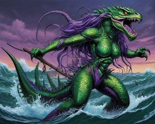 dagon,medusa gorgon,sea monsters,crocodile woman,merfolk,sirene,Illustration,American Style,American Style 01