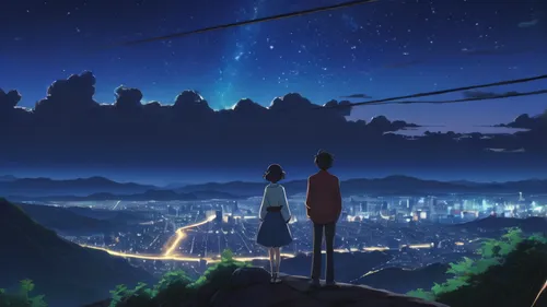 tanabata,skygazers,starry sky,hosoda,kizu,japan's three great night views,stargazing,instrumentality,clear night,falling stars,skywatchers,the moon and the stars,night stars,thatgamecompany,ghibli,the night sky,overlooking,above the city,skywatch,moonlighters,Illustration,Japanese style,Japanese Style 05