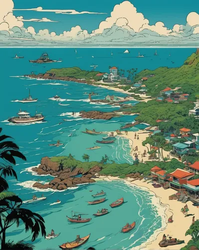 studio ghibli,vietnam,fishing village,kei islands,pacific,honolulu,seaside resort,kohphangan,seaside country,japan landscape,tropical sea,tsukemono,an island far away landscape,jeju,danang,islands,hong,sanya,travel poster,cool woodblock images,Illustration,Vector,Vector 03