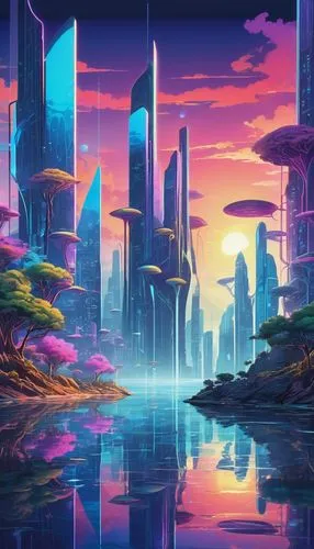 futuristic landscape,cybercity,cityscape,synth,fantasy city,cyberia,colorful city,fantasy landscape,cyberworld,cybertown,cyberport,dusk background,lagoon,alien world,futuristic,scifi,futuregen,metropolis,areopolis,futurist,Illustration,Japanese style,Japanese Style 07