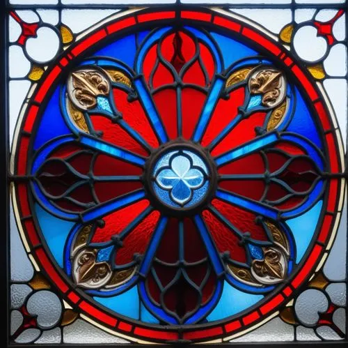 rosette, with stained glass, blue-toned glass with red details,a very colorful glass window in the middle of some building,stained glass,stained glass window,stained glass pattern,stained glass window