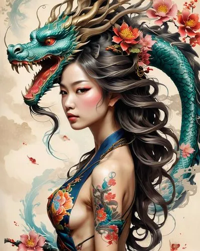 moondragon,fantasy art,oriental princess,painted dragon,japanese art,viveros,Photography,Artistic Photography,Artistic Photography 05