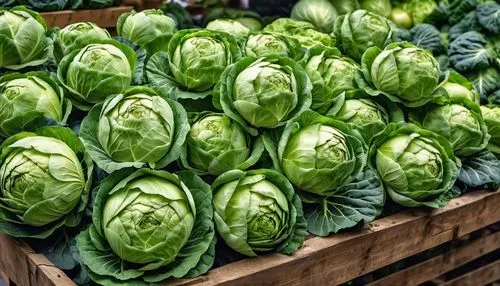 some Cabbages in vegetable shop ,a crate filled with green leafy vegetables sitting on top of a table,brassicas,savoy cabbage,brussels sprouts,brassicaceae,brassica,verduras,Photography,General,Realis