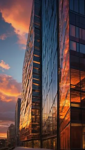 Sautter architecture, modern building, glass facade, steel structure, angular lines, geometric shapes, sleek design, urban setting, cityscape, skyscraper background, sunset lighting, warm glow, shallo