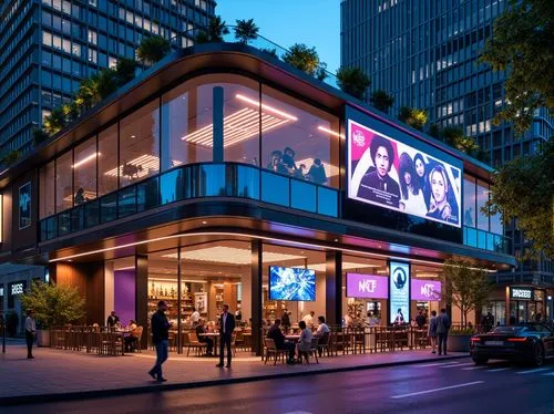 Futuristic restaurant facade, neon lights, metallic surfaces, holographic displays, curved lines, geometric shapes, transparent glass walls, automated doors, LED signage, virtual reality interfaces, c