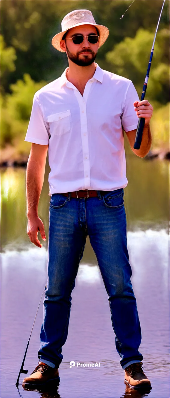 Man, fisherman, solo, (30yo), strong facial features, short beard, messy brown hair, sunglasses, casual clothing, blue jeans, white shirt, fishing hat, holding fishing rod, standing by water, morning 