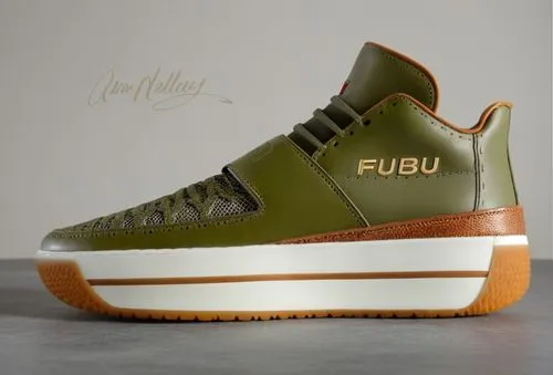 Leather upper sneaker, mesh inlay, silver "FUBU" logo letters, all olive with cognac trim , white sole color scheme ,FUBU lifestyle sneaker olive,fubu,mashburn,buscemi,fluxes,marbury,starbury,Photogra