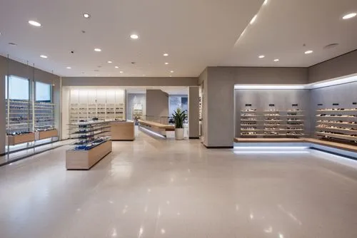 An eyewear retail store interior design, light oak wood grain, grey terrazzo, light beige matte wall and ceiling paint, sunglasses and glasses display,a room filled with lots of light and various item